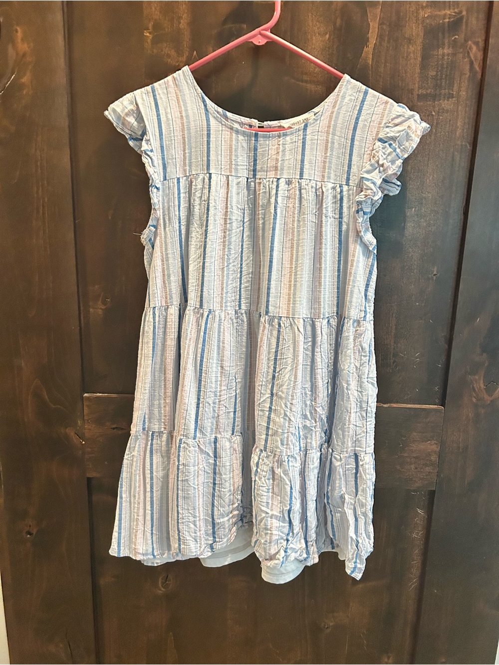 August Sky Light Blue Striped Tiered Mini Dress with Ruffle Sleeves